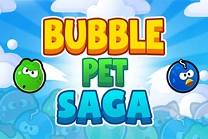 알록달록한 글자 BUBBLE PET SAGA와 함께 녹색과 파란색 거품 캐릭터가 구름 배경에 있는 모습
