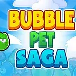 알록달록한 글자 BUBBLE PET SAGA와 함께 녹색과 파란색 거품 캐릭터가 구름 배경에 있는 모습