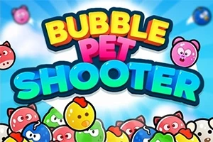 알록달록한 동물 얼굴 모양의 버블과 BUBBLE PET SHOOTER라는 텍스트가 있는 밝고 화려한 이미지