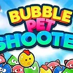 알록달록한 동물 얼굴 모양의 버블과 BUBBLE PET SHOOTER라는 텍스트가 있는 밝고 화려한 이미지