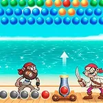 파란 바다 배경 앞에서 대포와 함께 서 있는 두 명의 해적