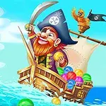 해적 복장을 한 남자가 무지개색 공으로 가득한 배에서 칼을 들고 있고, 돛대 위에 앵무새가 앉아 있으며, 배는 바다 위를 항해한다