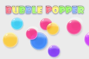 다양한 색상의 반짝이는 거품이 흰색 배경에 흩어져 있고, 위에 알록달록한 글씨로 BUBBLE POPPER라고 쓰여 있습니다