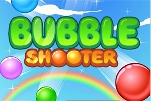 다양한 색상의 거품과 무지개, 하늘을 배경으로 BUBBLE SHOOTER 텍스트가 있는 이미지