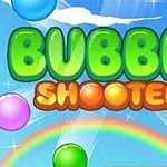 다양한 색상의 거품과 무지개, 하늘을 배경으로 BUBBLE SHOOTER 텍스트가 있는 이미지
