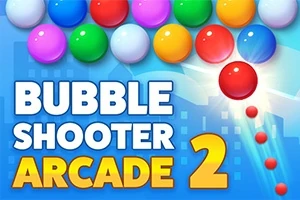 다양한 색상의 공들이 배열되어 있고, 아래에 BUBBLE SHOOTER ARCADE 2라는 텍스트가 있는 이미지