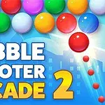 다양한 색상의 공들이 배열되어 있고, 아래에 BUBBLE SHOOTER ARCADE 2라는 텍스트가 있는 이미지