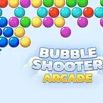 다양한 색상의 공들이 모여 있는 화면 아래에 BUBBLE SHOOTER ARCADE라는 글자가 있는 이미지