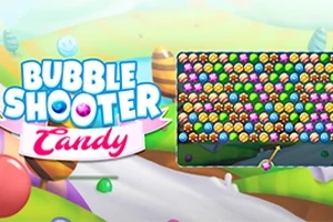 알록달록한 사탕 모양의 거품들이 가득한 게임 화면과 Bubble Shooter Candy라는 글자가 있는 이미지