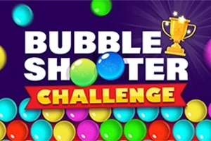 알록달록한 공들이 가득한 이미지 위에 Bubble Shooter Challenge라는 글자와 트로피 아이콘이 있습니다