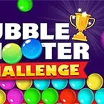 알록달록한 공들이 가득한 이미지 위에 Bubble Shooter Challenge라는 글자와 트로피 아이콘이 있습니다