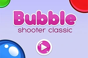 핑크색 글자로 Bubble shooter classic가 쓰여진 보라색 배경 이미지와 여러 개의 컬러풀한 원형이 모서리를 장식하고 있음