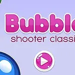 핑크색 글자로 Bubble shooter classic가 쓰여진 보라색 배경 이미지와 여러 개의 컬러풀한 원형이 모서리를 장식하고 있음