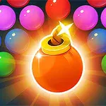 알록달록한 구체들 사이에 빛나는 오렌지색 폭탄이 있는 이미지