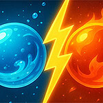 파란색 물방울과 빨간색 불꽃이 번개 모양 경계로 나뉘어 대치하고 있는 이미지