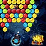 다양한 색상의 구슬들이 채워진 퍼즐 게임 화면과 아래에는 두 개의 보물 상자가 있는 이미지