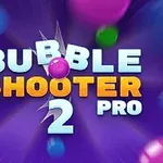 알록달록한 색상의 공들이 주변에 흩어져 있고 BUBBLE SHOOTER 2 PRO라는 텍스트가 중앙에 강조되어 있다