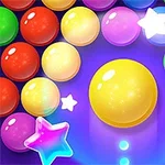 다양한 색상의 구와 별 모양이 보라색 배경 위에 배열된 이미지