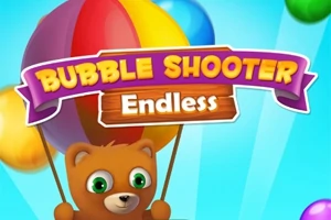 알록달록한 풍선들 위로 곰이 나타나며 Bubble Shooter Endless라는 문구가 있는 이미지