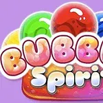 다양한 색상의 반짝이는 버블과 BUBBLE Spirit 텍스트가 보라색 배경 위에 있는 이미지
