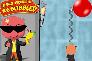 검은 선글라스를 쓴 빨간 캐릭터가 노란 총을 들고 있으며, 오른쪽에 큰 빨간 풍선과 솟아오르는 화살표가 있는 이미지