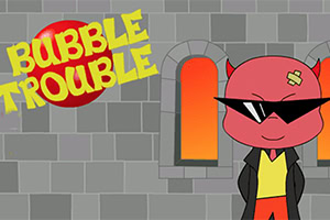 벽돌 벽 앞에 빨간 악마 캐릭터가 선글라스를 쓰고 서 있으며, 옆에 BUBBLE TROUBLE이라는 글자가 있다