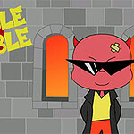 벽돌 벽 앞에 빨간 악마 캐릭터가 선글라스를 쓰고 서 있으며, 옆에 BUBBLE TROUBLE이라는 글자가 있다