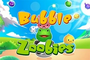 파란 하늘과 녹색 배경을 배경으로 동물 모양의 귀여운 버블들과 Bubble Zoobies라는 텍스트가 있는 이미지