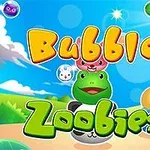파란 하늘과 녹색 배경을 배경으로 동물 모양의 귀여운 버블들과 Bubble Zoobies라는 텍스트가 있는 이미지