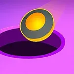 보라색 배경 위에 구멍으로 떨어지는 노란색과 회색의 공