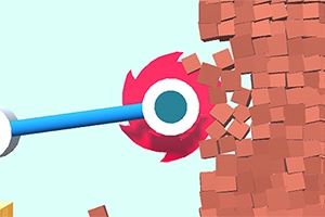 빨간 원형 톱이 갈색 벽돌 더미를 부수는 장면