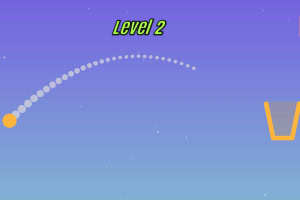 파란 배경에 공이 포물선을 그리며 이동하고 있고, 오른쪽에 주황색 바구니가 있는 이미지