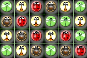 일련의 그리드 안에 무당벌레, 잠자리, 벌 모양의 동그란 아이콘들이 배열되어 있음