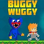 파란색 괴물과 빨간머리 캐릭터가 게임 배경에서 함께 있는 픽셀 아트 스타일 이미지