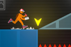 오렌지색 캐릭터가 모자와 가방을 착용하고 점프하며 장애물을 지나고 있는 모습