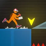 오렌지색 캐릭터가 모자와 가방을 착용하고 점프하며 장애물을 지나고 있는 모습