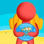 빨간색 사람 모양의 캐릭터가 노란색 배낭을 메고 파란색 그릇을 들고 있는 모습