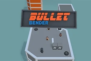 옥상 위에 세 명의 캐릭터와 BULLET BENDER라 적힌 간판이 있는 장면