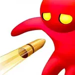 빨간 캐릭터가 거대한 황금 총알을 피하는 모습