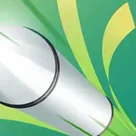 녹색과 노란색 배경 위에 빛나는 금속성의 원통형 물체가 날아가는 모습