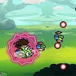 초록색 생물체가 붉은 보호막 안에 있으며, 주위에는 여러 개의 빨간 구체와 작은 날개 달린 생물들이 떠다니고 있다