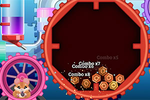 빨간색 기어와 콤보 점수가 표시된 해바라기 모양의 아이템들이 쌓여 있는 장치와 귀여운 쥐