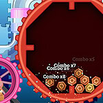 빨간색 기어와 콤보 점수가 표시된 해바라기 모양의 아이템들이 쌓여 있는 장치와 귀여운 쥐