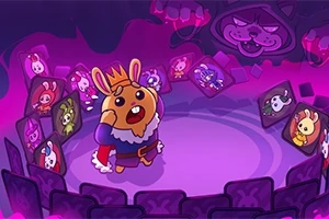 핑크빛 조명 아래 왕관을 쓴 동물 캐릭터가 중앙에 있고 주변에는 여러 동물 캐릭터의 초상화가 둘러싸여 있다