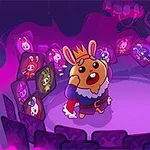 핑크빛 조명 아래 왕관을 쓴 동물 캐릭터가 중앙에 있고 주변에는 여러 동물 캐릭터의 초상화가 둘러싸여 있다