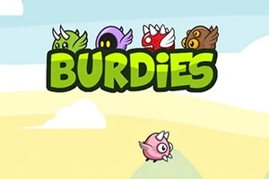 다섯 마리의 다양한 얼굴을 가진 몬스터들이 그림 위에 BURDIES라는 녹색 문자 아래에 있고, 하늘에 분홍색 날개 달린 생물이 날고 있다