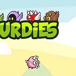 다섯 마리의 다양한 얼굴을 가진 몬스터들이 그림 위에 BURDIES라는 녹색 문자 아래에 있고, 하늘에 분홍색 날개 달린 생물이 날고 있다