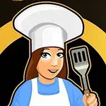 요리사 모자를 쓴 여성 캐릭터가 검은색과 노란색 배경 앞에서 주방 도구를 들고 있다