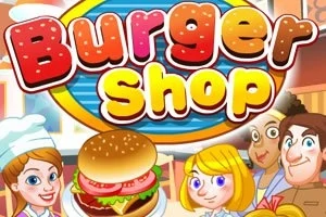 햄버거 이미지가 포함된 Burger Shop 로고와 만화 스타일의 사람들