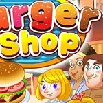 햄버거 이미지가 포함된 Burger Shop 로고와 만화 스타일의 사람들